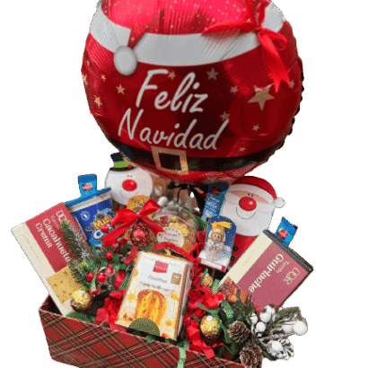 Cesta con globo y dulces de navidad