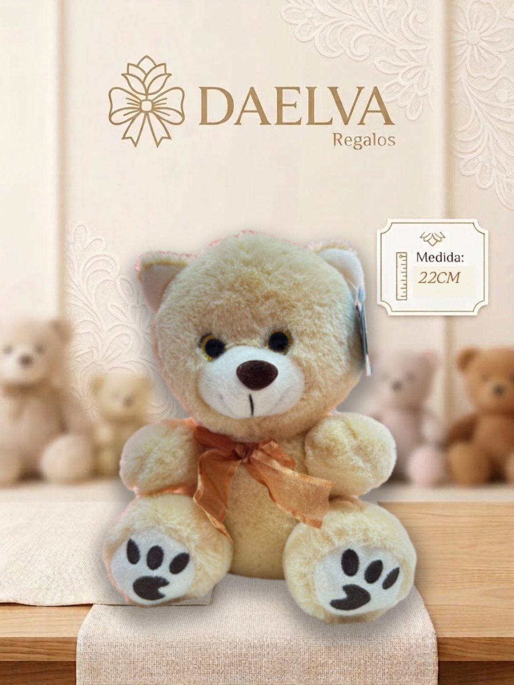 Peluche Oso Crema Suave con Huellas y Lazo Bronce