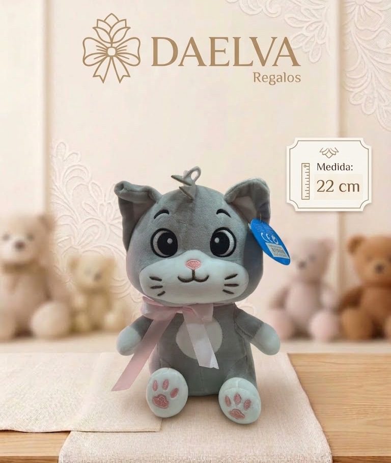 Peluche Gato Gris Soft con Lazo Rosa