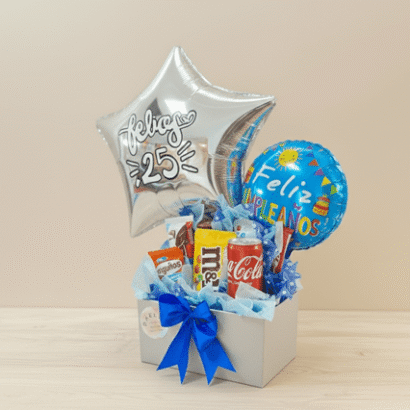 Cesta de Chocolates Surtidos y Globos Tamaño Medio
