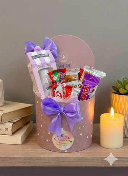 Regalo para amiga con perfume y chocolates con velitas