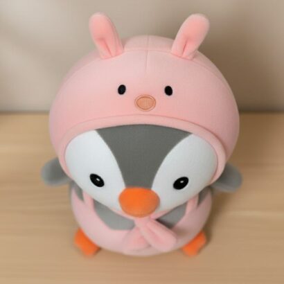peluche pingüino con capucha rosa